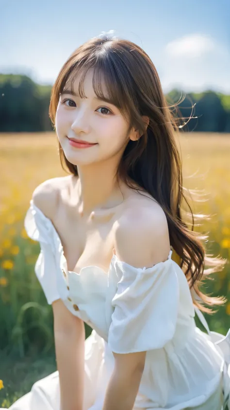 best quality ,masterpiece,ultra high res, very beautiful, kawaii, (photo realistic:1.4), 1girl, Japanese, brown hair, Cinematic, 35mm lens, f/ 1. 8, accent lighting, 8k,  white off-shoulder dress, The dress with a large open chest area, v neck dress, cleav...