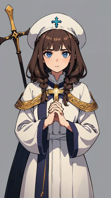 masterpiece, detailed, character, dungeons and dragons character, 1girl, Human girl, human cleric, human healer, (brown hair) medium hair, (two side hair braid), cute face, detailed face, detailed eyes, blue eyes, ((holding [holy cross|staff] in hands:1.1)...