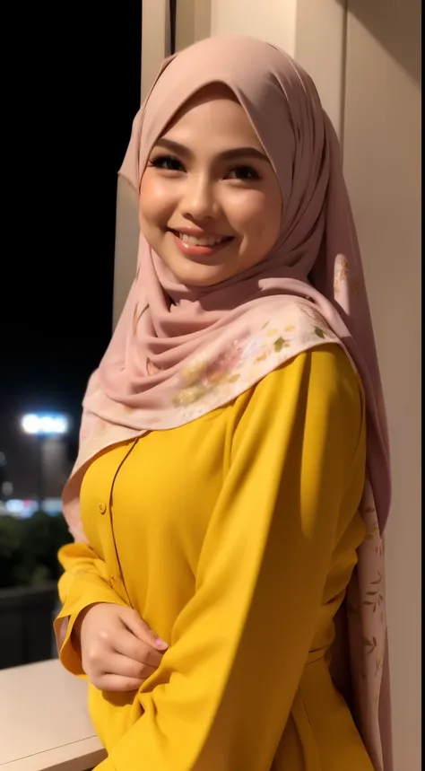 Malay girl in hijab wear small floral baju kurung malaysia in college, wear back pack, front view, detail skin, detail skin texture, mole below eyes, big breast, big hip, big waist, big thigh, slim abs, beautiful body, nighttime, laughing, happy, bright li...