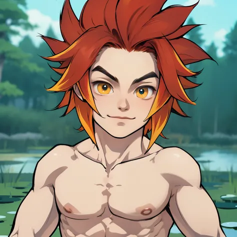 anime guy with yellow eyes and no shirt standing in front of a pond, handsome japanese boy, handsome guy, symmetry!! orange - haired anime boy, character, roguish smirk, red hair with yellow streaks, ripped body, big eyes, hidden ears