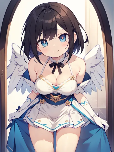 (angel girl:1.2), (1 person:1.2),(10 year old girl)、young girl、big breasts、 nffsw、shader、highly detailed eyes、Loose and fluffy shorthair、side boob、Lustrous cleavage、black hair、angel wings、silky hair、Towel gowns(White thin fabric、Plain fabric、mini skirt、pla...