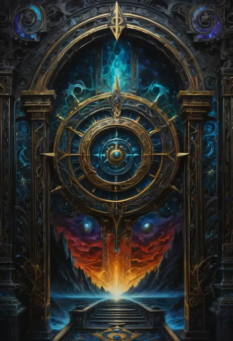 Gate of Time and Space with Crazy Rune Design, breathtakingly detailed paintings, Invites the viewer into the realm of the black past, The present and the future intersect, Mesmerizingly detailed dark fantasy artwork, An imaginative depiction that connects...