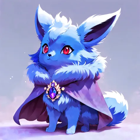 pal world nox,((blue fur)),(purple short cloak),brooch:head of state:Purple Gemstones,animal,cute,red eyes