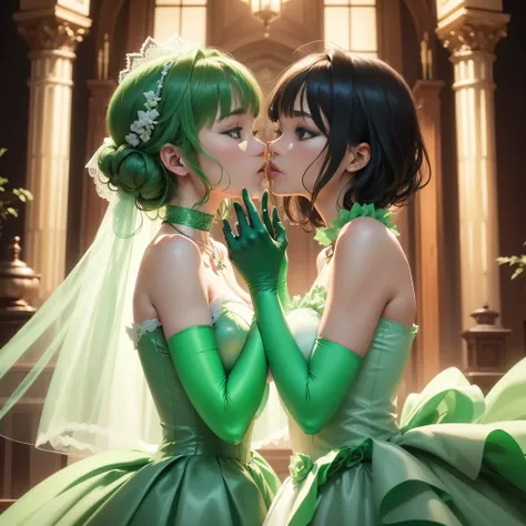 High resolution、Super detailed、(1 girl:1.3), 教会でkissをする二人の女性, Green Satin Long Gloves, Green Wedding Dresses, Green shorthair, lipstick, kiss, bride, green pearl necklace, 緑のbride, lesbian、口から口にkiss, High quality film stills, Sexy lesbian couple make, Pass...