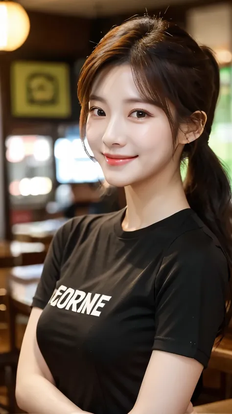 UHD, Extreme close-up of cute Korean female,Chest size 32 inches, ponytail hair, slightly smile, wearing black rolled sleeves t-shirt, in the old restaurant, blurred background