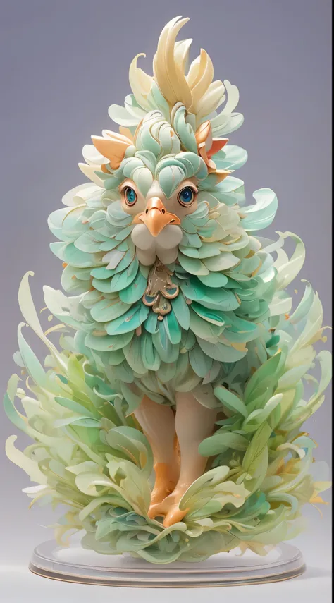 The shape of a rooster，The background is clean，Dreamy colors，Transparent statue，florals，Big eyes，green color，Serious expressions，((rooster))，Clear eyes，tmasterpiece，（best qualtiy：1.3），A rooster，full body