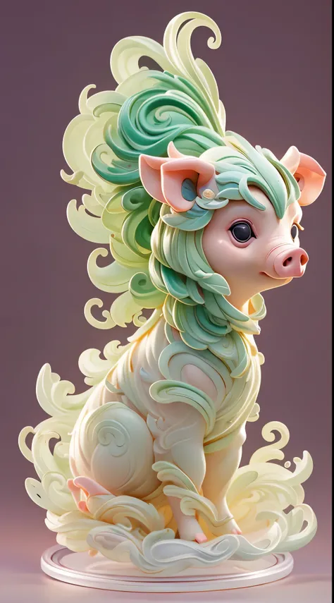 The shape of a pig,The background is clean,Dreamy colors,Transparent statue,florals,Big eyes,green color,Serious expressions,((pig)),Clear eyes,tmasterpiece,(best qualtiy:1.3),A pig,full body