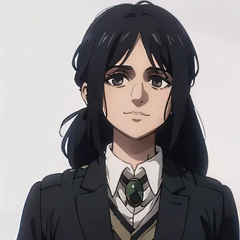 pieck very simple art with examiner ponytail hair down like season 4 ero smile in her face with full white background full face ...