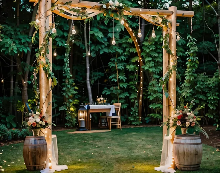 There is a wooden arch，There are lights hanging from it, romantic lighting, Outdoor wedding scene，decorated with flowers，The background is greenery