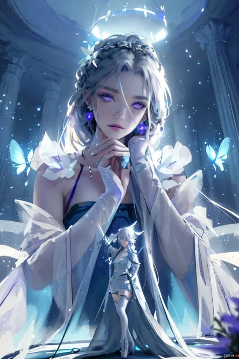 (masterpiece, best quality: 1.4), Detailed background, White crystal, crystal cluster, long hair, jewelry, earrings, necklace, crown, bride, white hair, halo, (overlooking), dynamic angle, Super detailed, illustration, close up, Look directly, 1 girl, (fan...