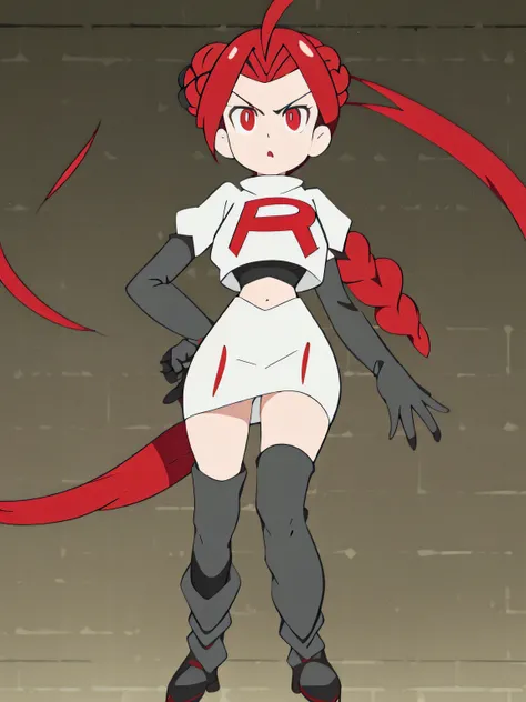 feMonica, hair bun, braid,red eyes ,glossy lips,masterpiece, best quality, highres,team rocket uniform, red letter r, white skirt, white crop top, black thigh-high boots, black elbow gloves, glaring angrily, looking down at viewer, hands on hips, full body...