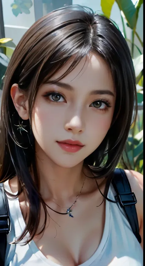 trends in the art station, trends on CGsociety, Convoluted, high detailing, Sharp Focus, Dramatic, Starry night sky, Tipha Lockhart in Final Fantasy, Tifas Original Costume Final Fantasy 7, 25 years old, mature appearance, Mid Journey and realistic drawing...