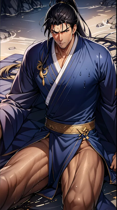 Two-dimensional, anime style, man (male warrior), muscle, correct proportions, face details, martial arts, high ponytail hairstyle, sweating, sweaty face, drooling, neck details, with Adams apple, wet, wet, Hanfu costume, long robe, embroidered robe, drago...