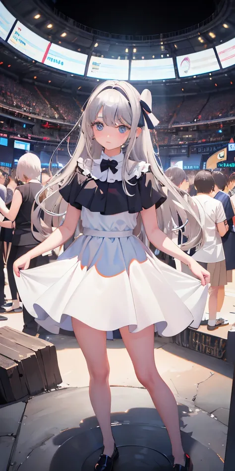 masterpiece, girl, adorable girl, silver hair, best quality, surrounded, multiple others, exhibitionism, audience, background characters, crowd, public humiliation, spread pussy, 