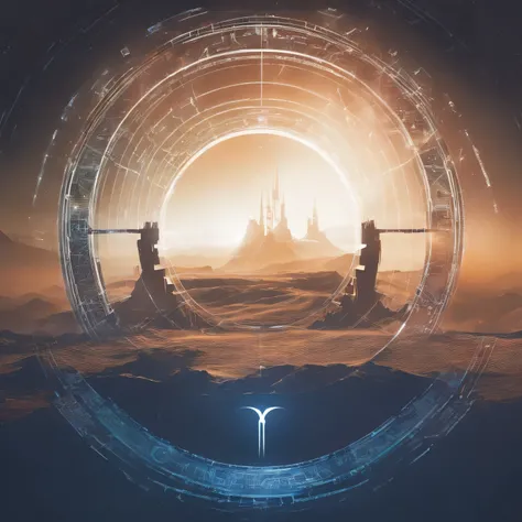 Realistic photo with (double exposure:1.5), we combine the silhouette of an ancient medieval fortress in a sandy haze and a high-tech portal in the form of a star gate, A high-tech portal in the form of a stargate stands in the laboratory and is connected ...