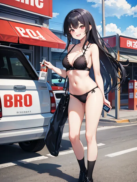 (1) A woman stands in black underwear。.
(2) she has long black hair.
(3) her face is smiling and laughing.
(4) The location is a convenience store parking lot..