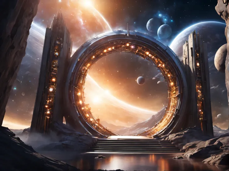 among the dark space of the universe, large artificial high-tech ring gate flies through space and time, cosmic light and the ancient energy of the Universe burst out from the depths of these gates and transport the viewer to other worlds, where it&#39;s l...