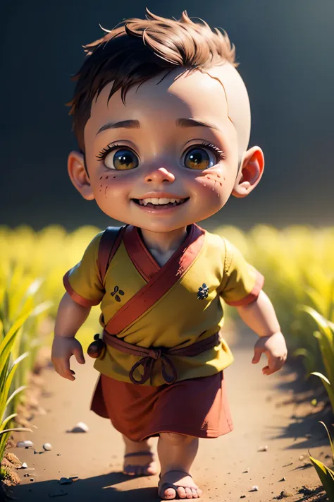 Super cute baby cartoon character, pink cheeks, Tibetan monk with shaved head, typical yellow Tibetan monk outfit, walking in a rice field, laughing with happiness, animation character, Stylized character, animation style rendering, Stylized 3D, Arnold May...