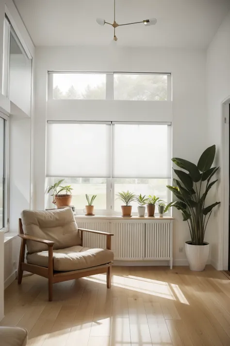 (Best quality image), white cellular shades drawn aside, big window revealing a spacious living room, Scandinavian interior design with wooden furniture, occupant facing forward in a comfortable armchair, natural light pouring in, adding indoor plants for ...