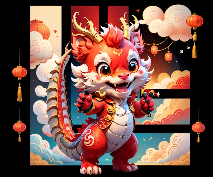 A promotional image for a business logo,masterpiece,best quality,Delicate picture quality,HD。big chinese dragon,a tail,Good luck,standing on red background,The expression is very amiable。Lucky cloud patterns are scattered around,Red lantern hanging high,Fi...
