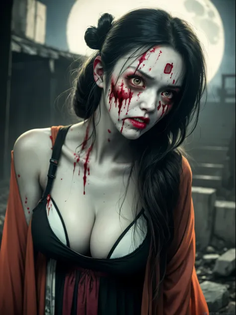 zombie girl, whole body, extremely rotten skin, skin fragments with yellow and scattered hair, empty eyes, terrifying facial expression, torn hanfu, tattered hanfu, night, desolate chinese street, full moon, empty eye sockets, vampire teeth, torn corners o...