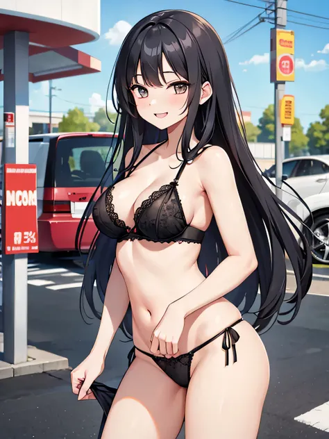 (1) A woman stands wearing a black lace bra and panties。.
(2) she has long black hair.
(3) her face is smiling and laughing.
(4) The location is a convenience store parking lot..