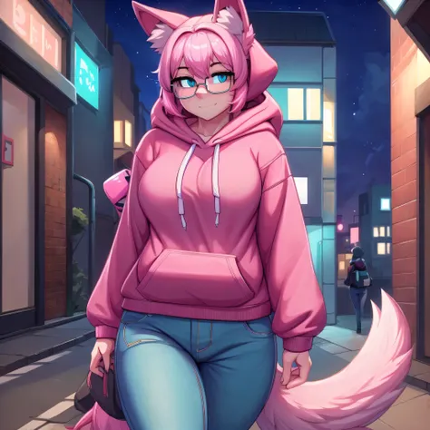 (Masterpiece) (High Detail) (High Res) A close up of A short cute humanoid girl with pale skin and turquoise eyes and long pink hair and pink dog ears and a big fluffy pink dog tail and average breasts. She is walking down the street at night wearing an ov...