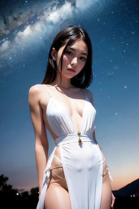 Une fille, cheveux blanc, yeux rouges, Robe blanche, ange, ange wings, golden halo, fond sombre, Haut du corps, (closed mouth:1.2), Regarder la visionneuse, arm behind back, Blue theme, stars, starry Night