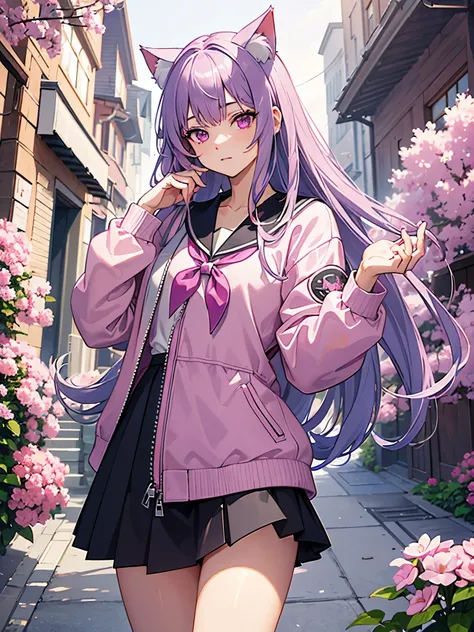 Masterpiece, best quality, ultra detailed, extremely detailed, sharp focus, 1 girl, long pastel purple hair, pink eyes, sailor school uniform, unzipped pink jacket, Cat ears, Cat tail, outside, flowers ,add_detail:1, add_detail:0, add_detail:0.5, more pris...