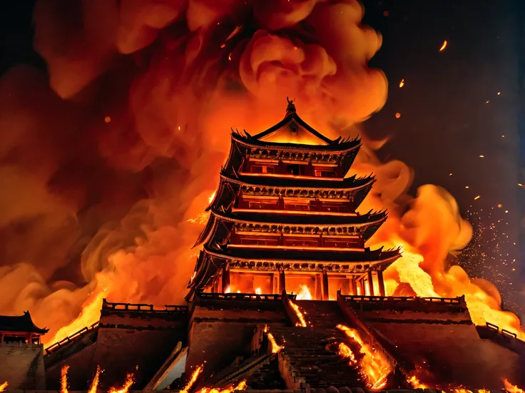 night sky，night，fire，fire海，烈fire，Burning ancient Chinese buildings，capital city，ancient city，ruins，汉服红衣女子奔向fire中，explode，burst，ethnic style，Chinese elements，