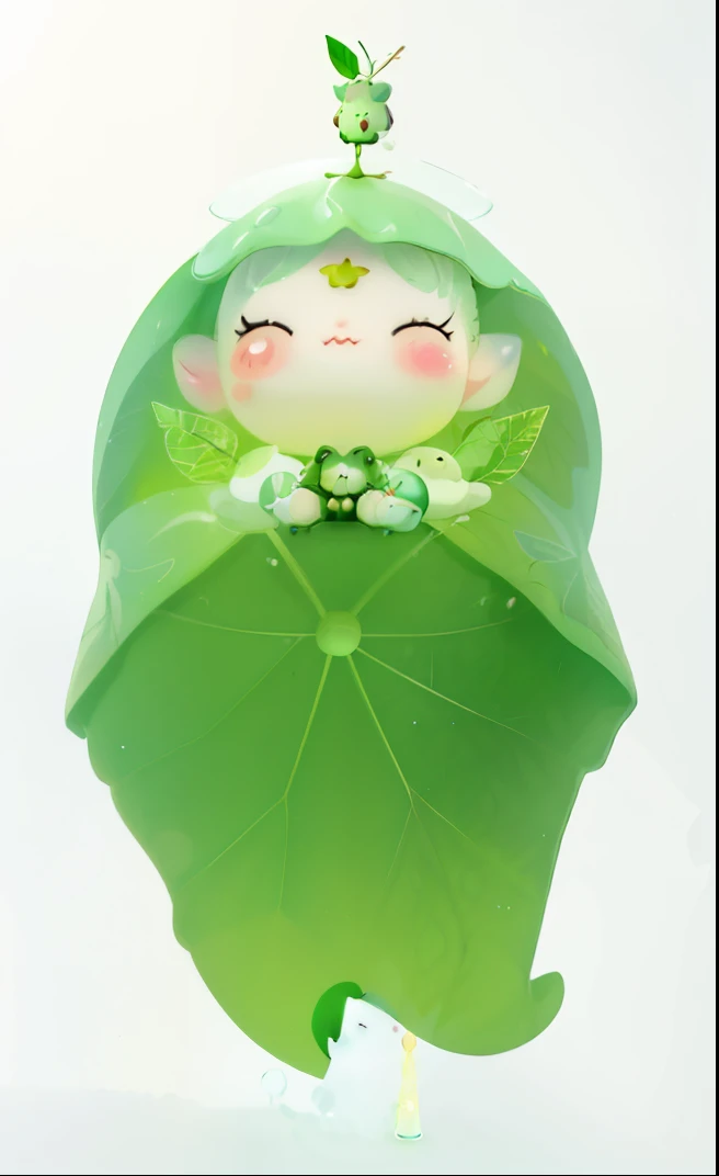 There is a green doll，There is a leaf on it, kawaii yoda, cute porcelain doll, Yoshitaka Amano in soft light and mist, vinyl toy figurines, kewpie, Another close-up of Iwakura, Shikami, cute forest creatures, liquor, Cute glowing creatures, translucent bod...