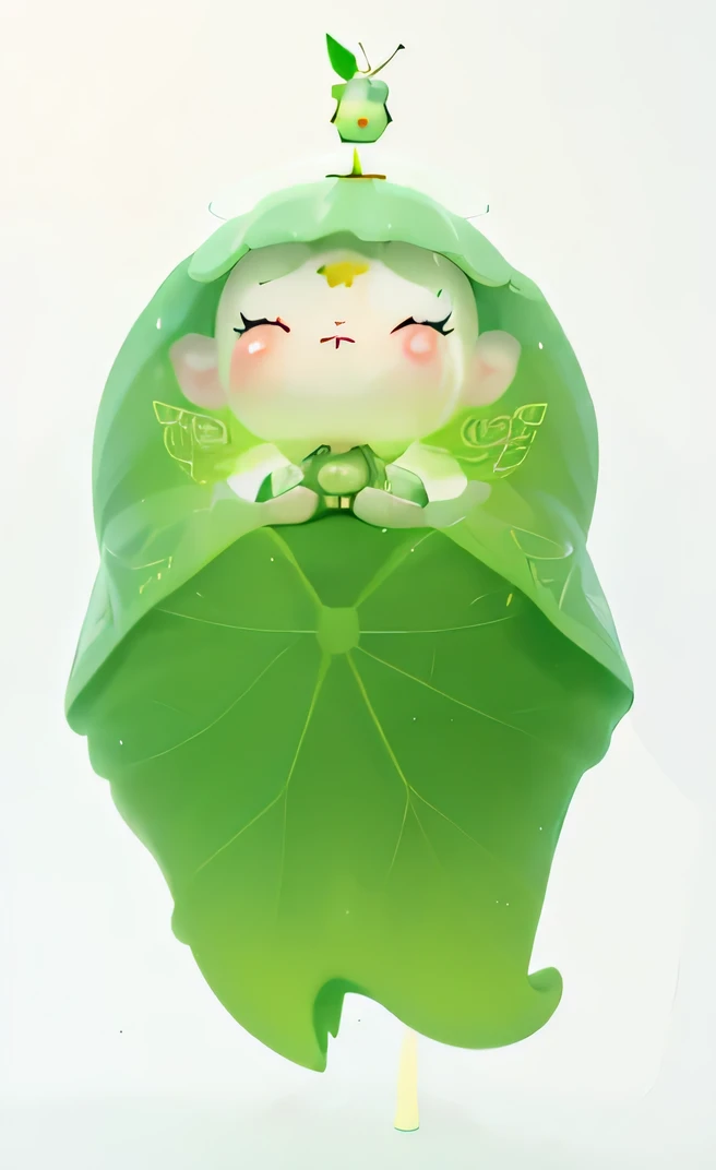 There is a green doll，There is a leaf on it, kawaii yoda, cute porcelain doll, Yoshitaka Amano in soft light and mist, vinyl toy figurines, kewpie, Another close-up of Iwakura, Shikami, cute forest creatures, liquor, Cute glowing creatures, translucent bod...