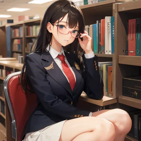 high school girl　15 years old　blazer　library　Brown glasses　squat　With legs closed　medium length hair　Gesture to put hair over the ears