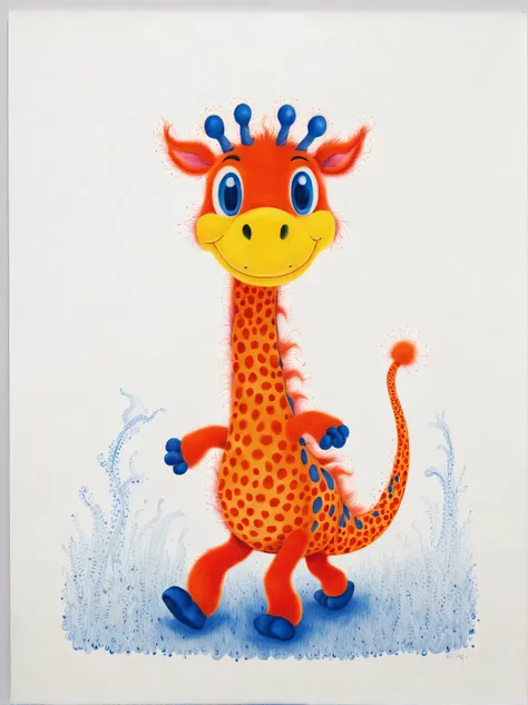 yayoi kusama，character idea, （Cute zodiac dragons），exaggerated gait，orange fur, big blue eyes, Narrow your eyes and smile mischievously (new moon), wearing scarlet clothes, The nose is super long，like a giraffe&#39;neck，Slender and well-proportioned，range ...