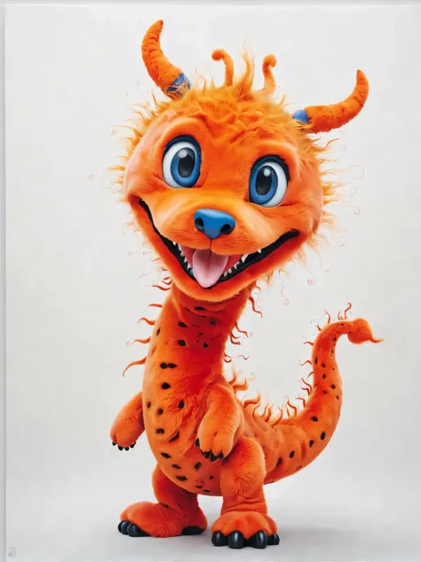 yayoi kusama，character idea, （Cute zodiac dragons），exaggerated gait，orange fur, big blue eyes, Narrow your eyes and smile mischievously (new moon), wearing scarlet clothes, （Neck is super long：0.85），Slender and well-proportioned，range mark plot, monochrome...