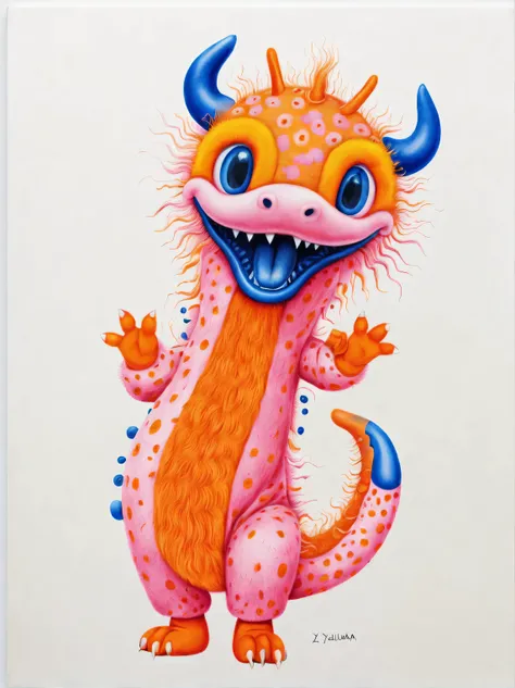 yayoi kusama，character idea, （Cute zodiac sign featuring dragon），exaggerated gait, orange fur, big blue eyes, Narrow your eyes and smile mischievously (new moon), wearing scarlet clothes, range mark plot, monochrome, Ballpoint pen outline, 4K, soft pink, i...