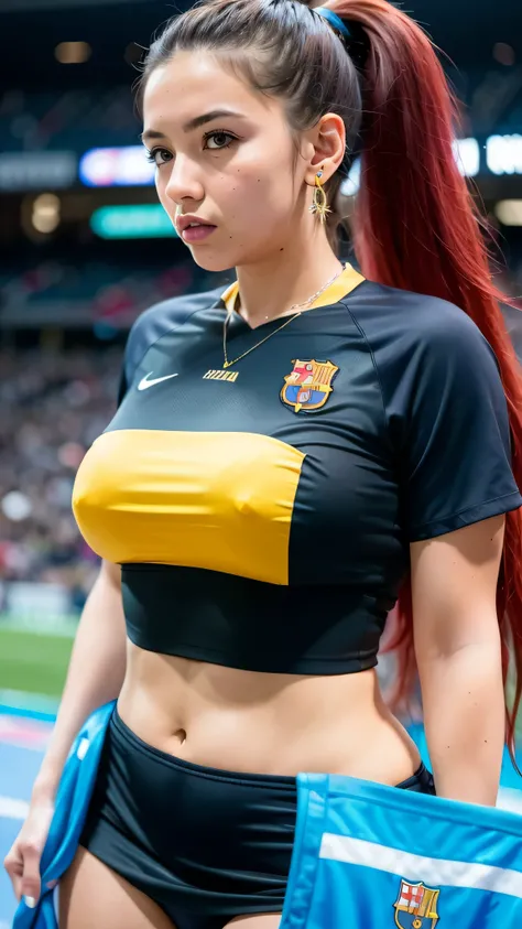 1girl, long hair, ponytail, barcelona football kit, earrings, jewelry, big breasts, (curvy), professional make-up, necklace, football stadium vacation, (cyberpunk), colorful, dynamic light, dynamic angle