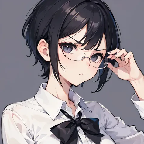 A girl, face picture, flat chest, black hair, pixie hairstyle, glasses, angry, white shirt, no accesories, nerd, pixie haircut, black eyes, front viewpoint, character profile, face