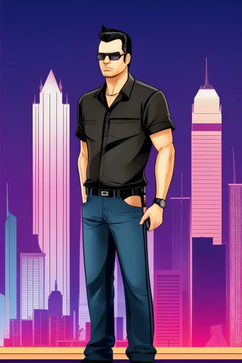 Create an image in the style of Grand Theft Auto Vice City featuring a man holding a weapon with buildings in the background, bathed in night. His hair is black with graying temples, worn in a black shirt and denim jeans. He has a prominent aquiline nose, ...