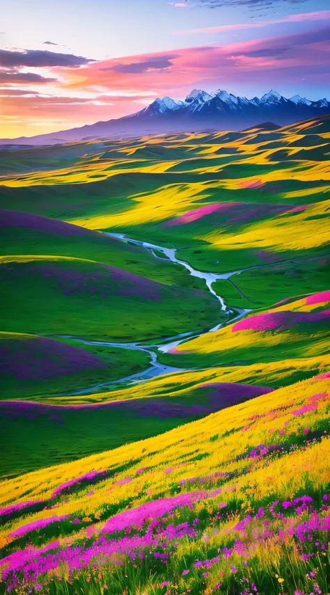 In the expansive grasslands, wildflowers adorn the landscape with vibrant hues, dancing gently in the breeze. Nearby, a serene river meanders through the terrain, its water reflecting the colorful spectacle above. In the distance, snow-capped mountains ris...