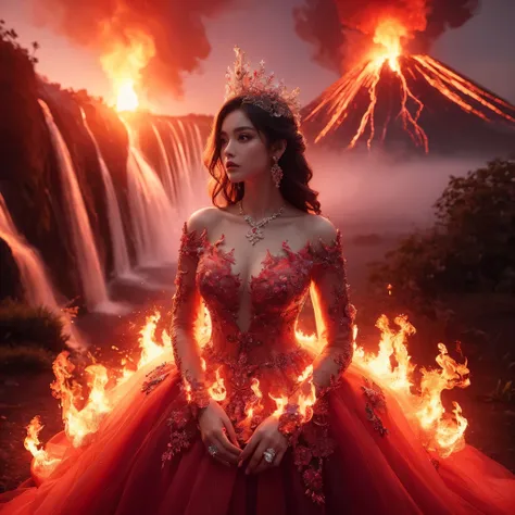 arafed woman with bustier gigantic breast in a flame corset and flame dress in front of a building, wearing an ornate outfit, ornate dress, intricate dress, elegant flame corset, ornate and elegant, extravagant dress, inspired by Hedi Xandt, ornate attire,...