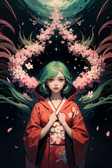 1girl,(green_hair:1.1),(zentangle, mandala, tangle, entangle:0.6),(fractal art),the most beautiful form of chaos,brutalist designed, the most beautiful and highly detailed Harajuku-inspired hooded kimono, cherry blossoms blowing in the wind, enchanted, aes...