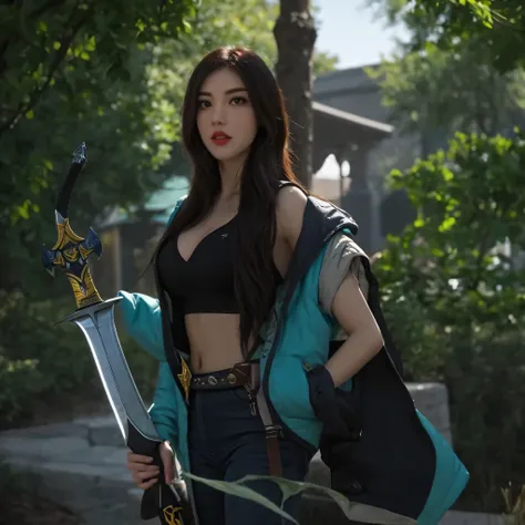 a woman with a sword and a green light in her hand, irelia, akali, katarina, qiyana, ashe, league of legends character, leblanc, wild rift, riven, style of league of legends, style league of legends, arcane league of legends, league of legends arcane, irel...