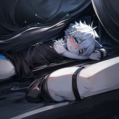 Wolf，White，Human characteristics，Cubs，Wearing blue shorts，No other clothing，Lying in a sea of black slime，Covered in black slime，shy，blush，Touch your shorts with your left hand，Extend other limbs