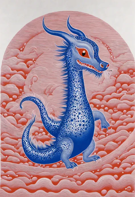 yayoi kusama，character idea, （The cute zodiac dragon takes an exaggerated gait），orange fur, big blue eyes, Narrow your eyes and smile mischievously (new moon), wearing scarlet clothes, （Neck is super long：0.85），Slender and well-proportioned，range mark plot...