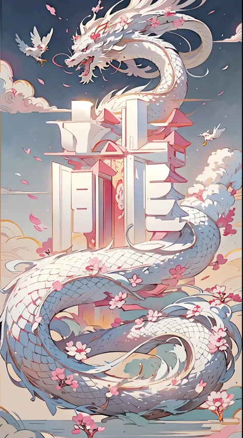 logo,masterpiece,(on white background:1),white chinese dragon surrounded by white clouds,pink sakura tree,petal,wind,god,long wa...