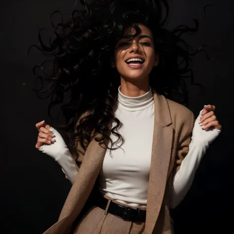 A woman with long, curly hair, wearing a beige suit and a white turtleneck, is laughing and throwing her head back. Her beautiful, detailed eyes sparkle with joy, and her lips form a contagious smile. The woman stands in a lush garden, surrounded by vibran...