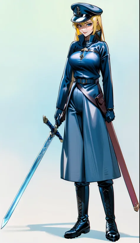 Woman,adult,uniform, ( dark blue coat), ( combat boots), sword,holster,general,artistocratic,confident,strong,long hair,blonde,dominatrix,detailed,gloves, threatening,(smiling:0.3),queen,(pants),plain background, yandere,devious, seductive ,(Zelda)