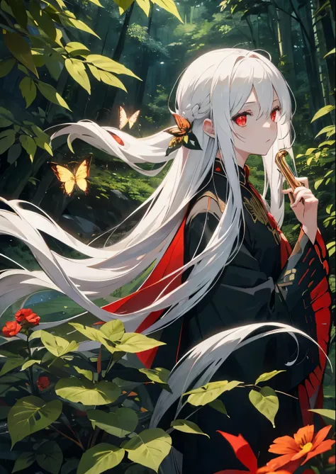 site, 1 girl, white_hair, long_hair, Red_Eye, Very_long_hair, trumpet, forest, rock, alone, alone_focus, night, Butterfly, flowers, Leaves, Very详细, Detailed background，Tied 