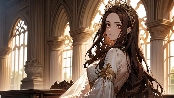  beautiful girl, highly detailed face, thick brown hair, brown eyes, noble lady, transparent gown, silk gown, thinking, looking at window, daydreaming, Valeria start thingking that it’s somehow true. Once she become a Dominas, it’s a law that she must firm...